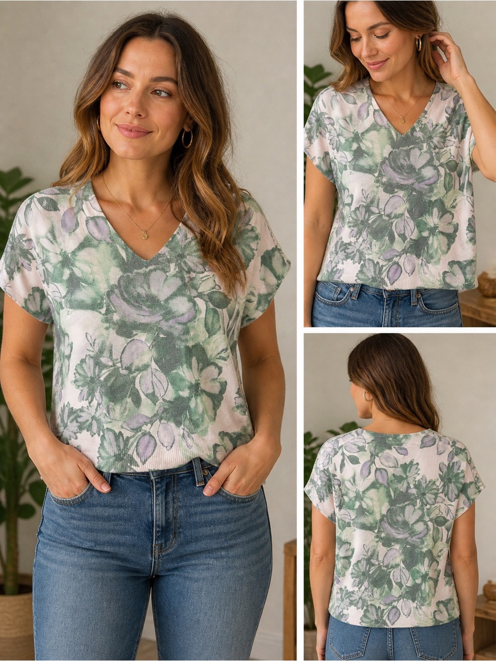 Sioni Floral Short Sleeve Knit Top Green Purple V-Neck Lightweight Size M